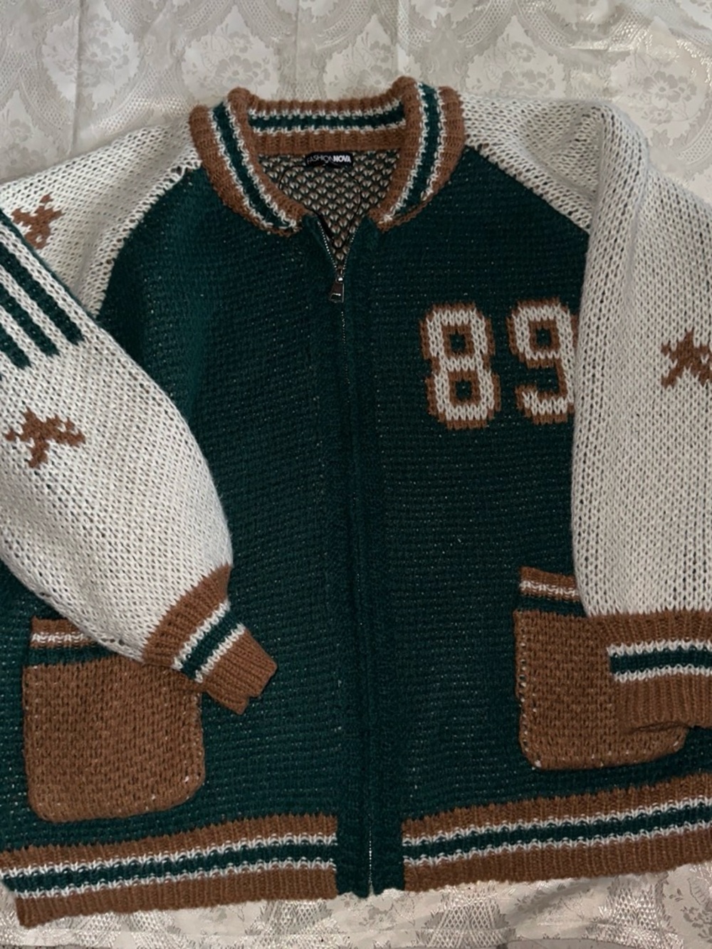 Fashion Nova Kids Colorblock Knit Zip Jacket in Dark Green, Cream & Brown